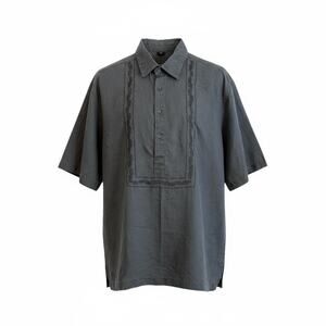 Linen Shirt Mens Large Gray Embroidered Bib Popover Short Sleeve Guayabera Style